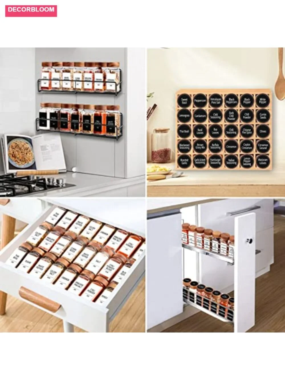 36 Glass Spice Jars with Shaker Lids & Acacia Wood Lids + Labels, Funnel, Chalk